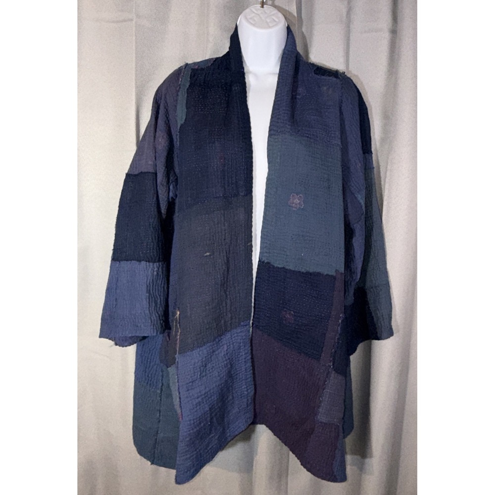 Mieko Mintz Vintage Cotton Kantha Patchwork Kimono Jacket Blue Purple O/S Luxury